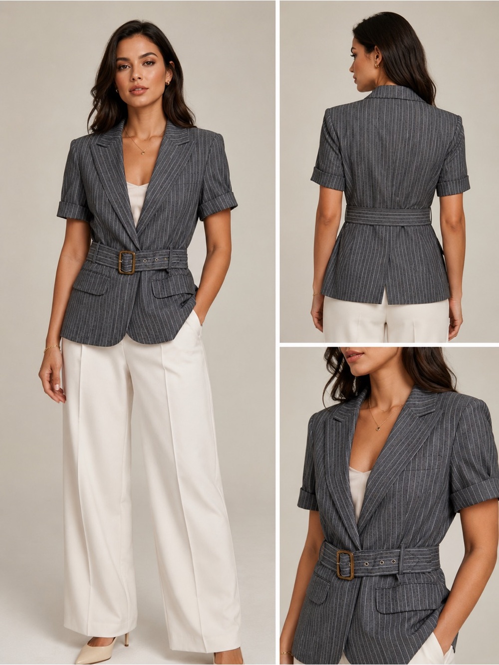 BCBGMaxAzria LARISSA Gray Pinstripe Short-Sleeve Belted Blazer Size S - Picture 11 of 11